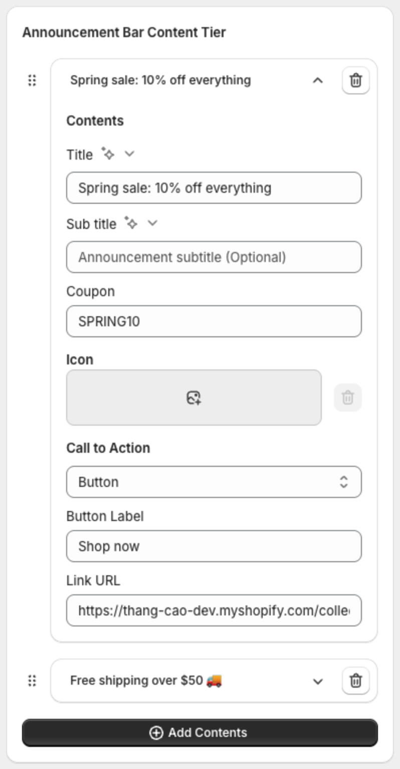 An opened message with Title, Sub title, Coupon, Icon, Call to Action, Button Label and Link URL