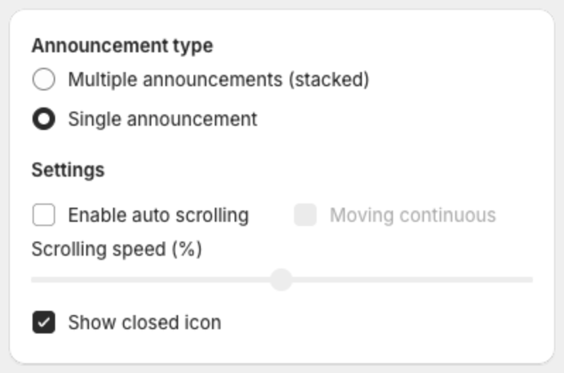 Single announcement selected with Show closed icon turned on
