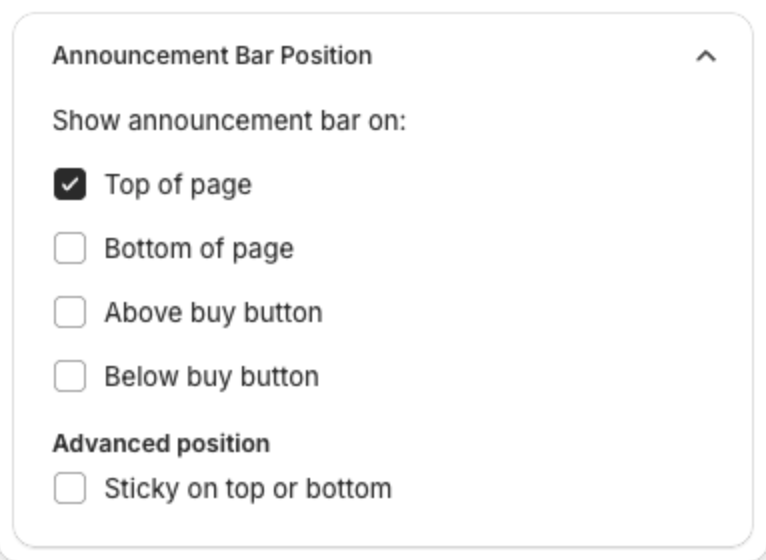 Announcement Bar Position card with Top of page selected and the Sticky on top or bottom option