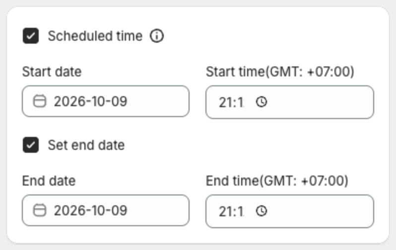 Scheduled time card with start date and time, Set end date, and end date and time