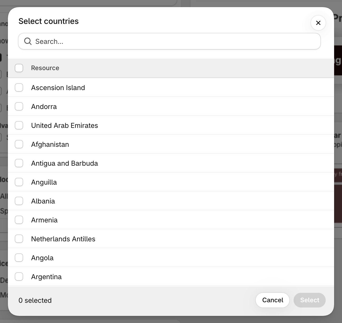 Select countries dialog with a search box and the list of countries