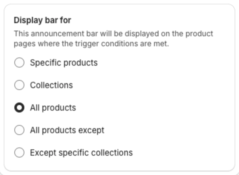 Display bar for card with the product targeting options