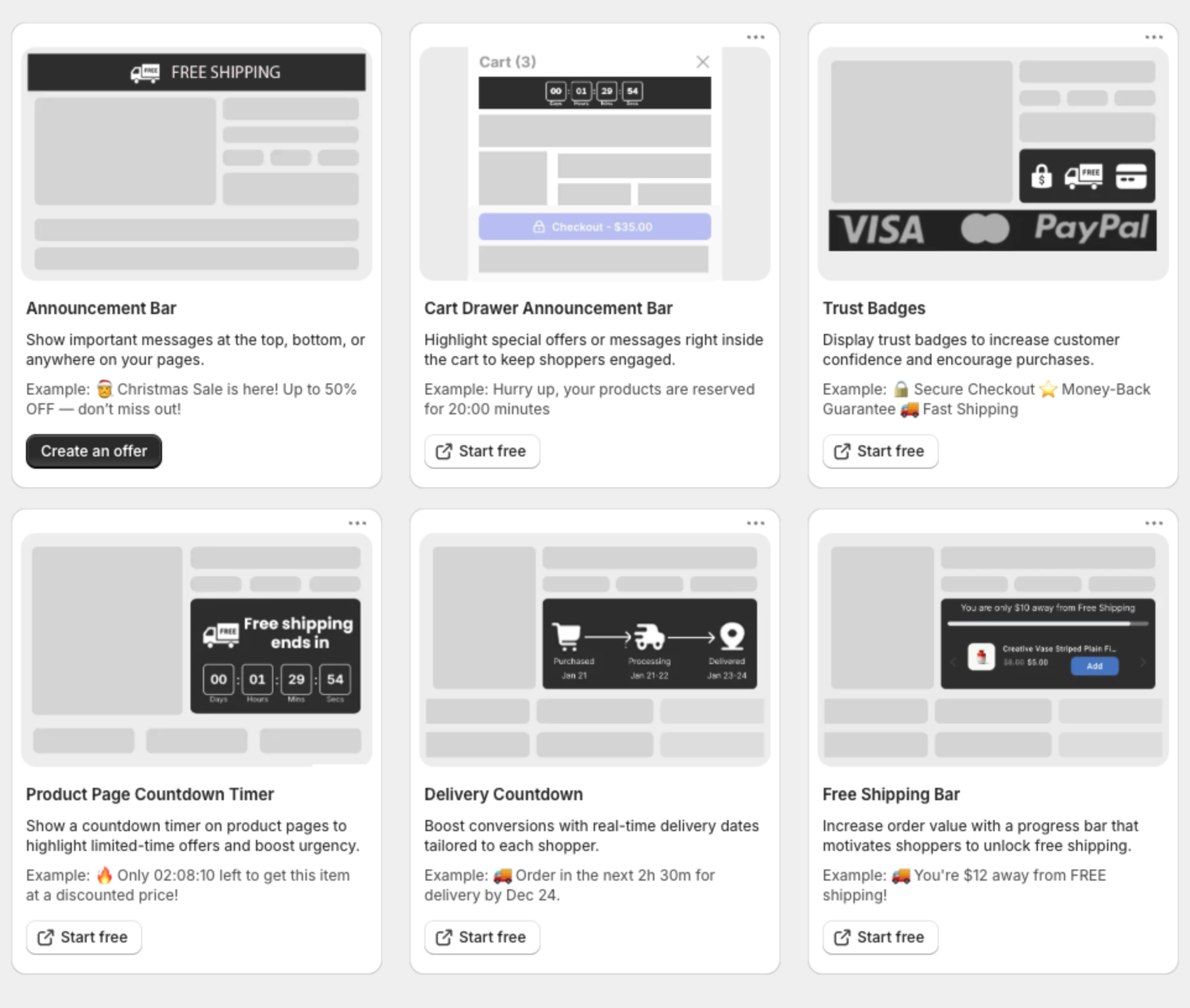 Select announcement type page with the Announcement Bar card and its Create an offer button