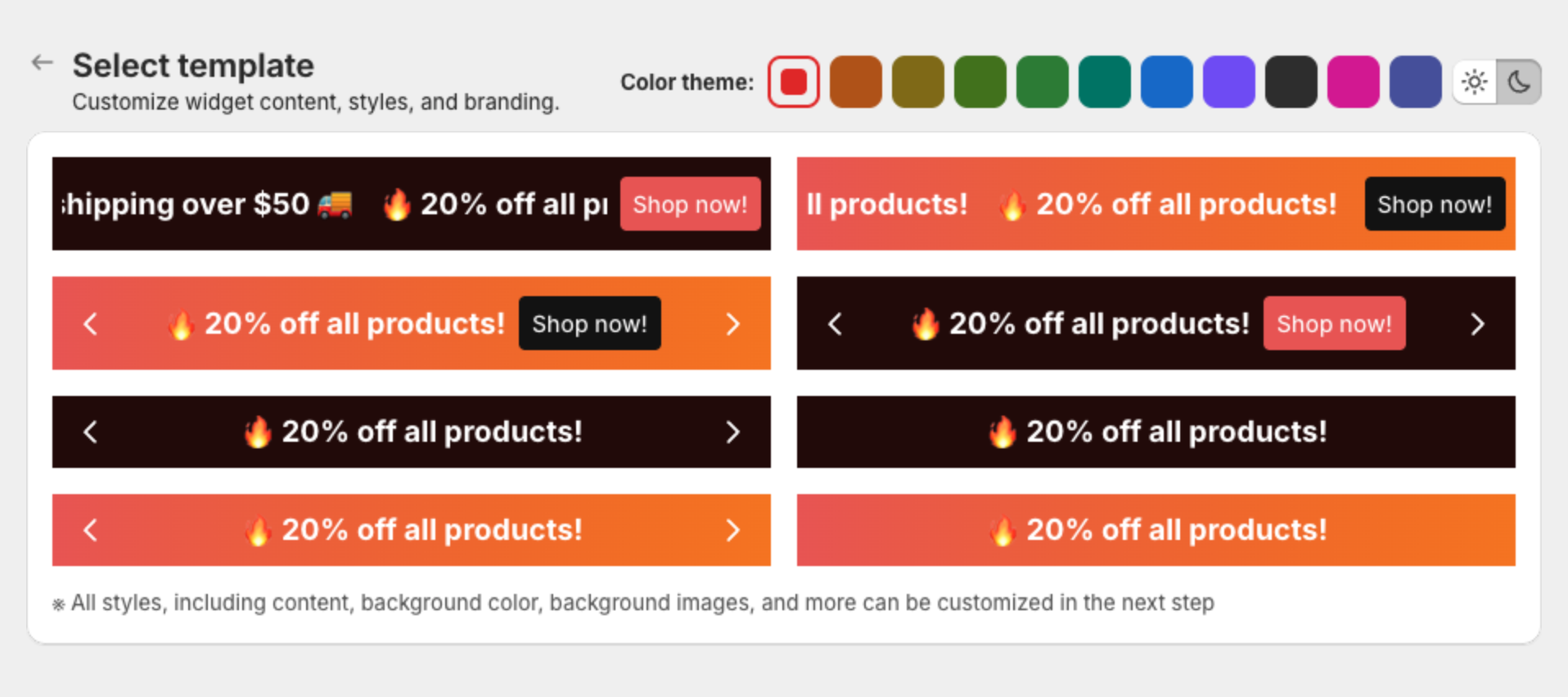 Select template page with eight bar templates and the Color theme picker