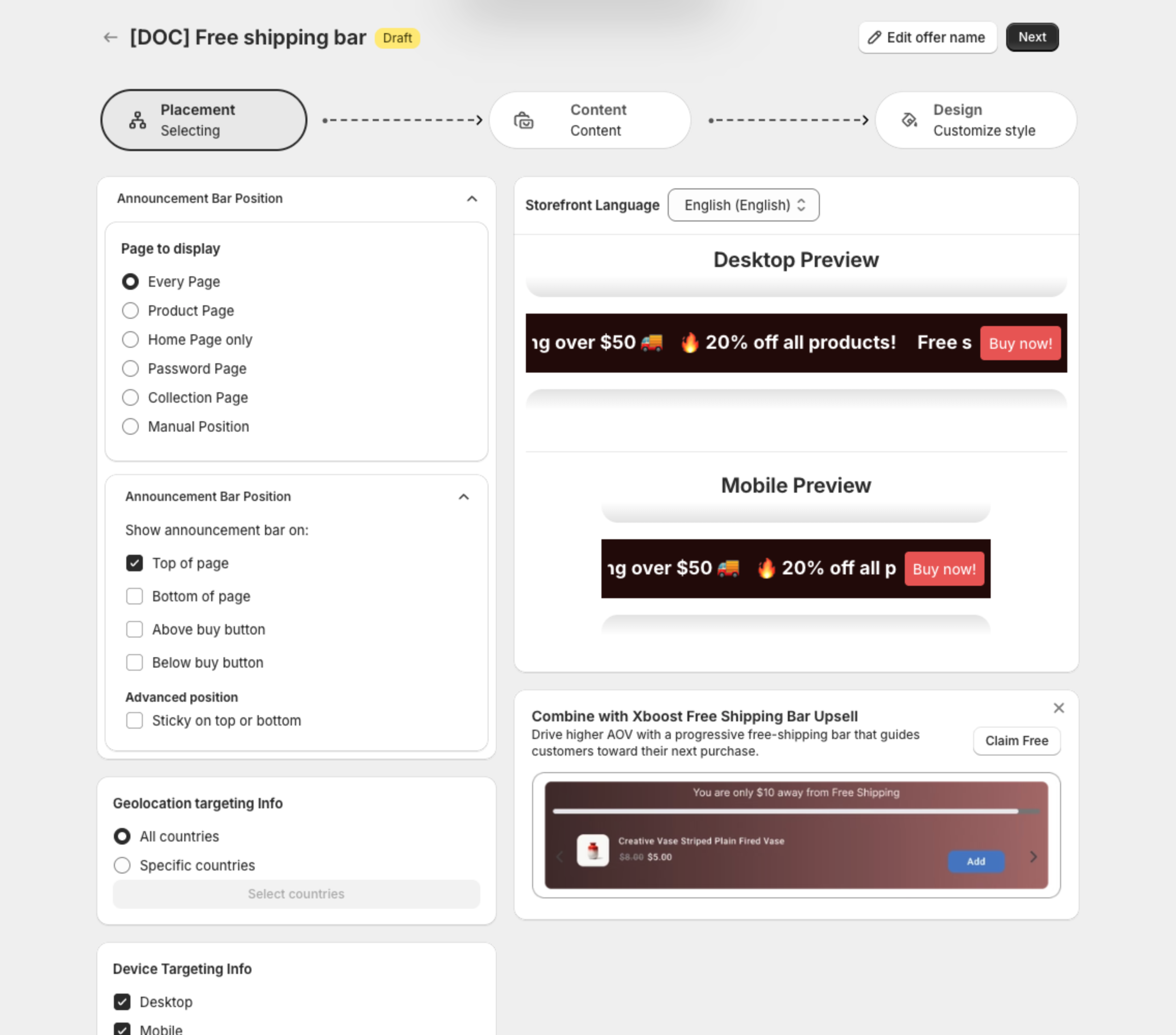 Editor on the Placement step with the bar name, the Placement, Content and Design steps, and the live previews