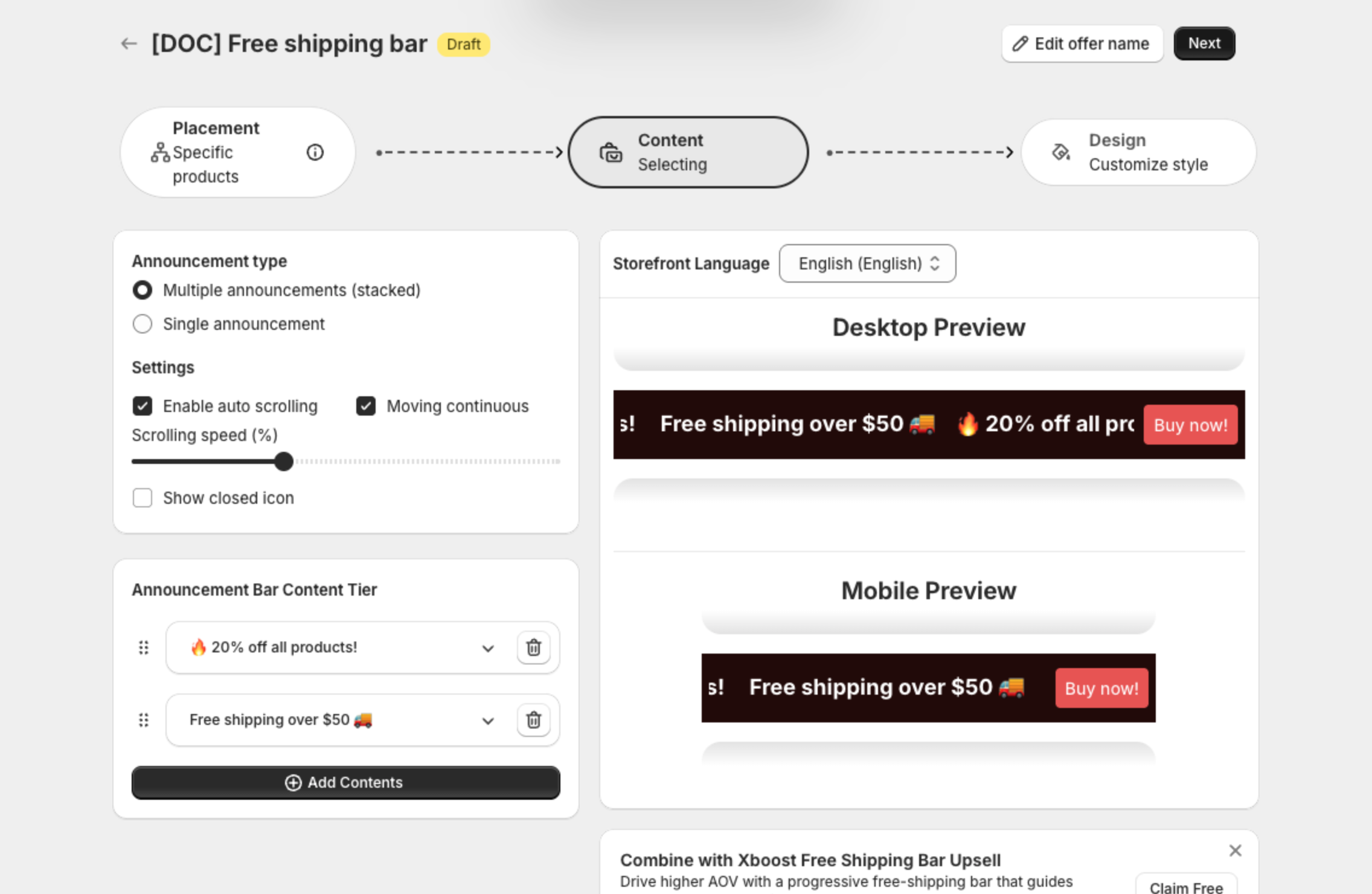Content step with the announcement type, settings and the list of messages