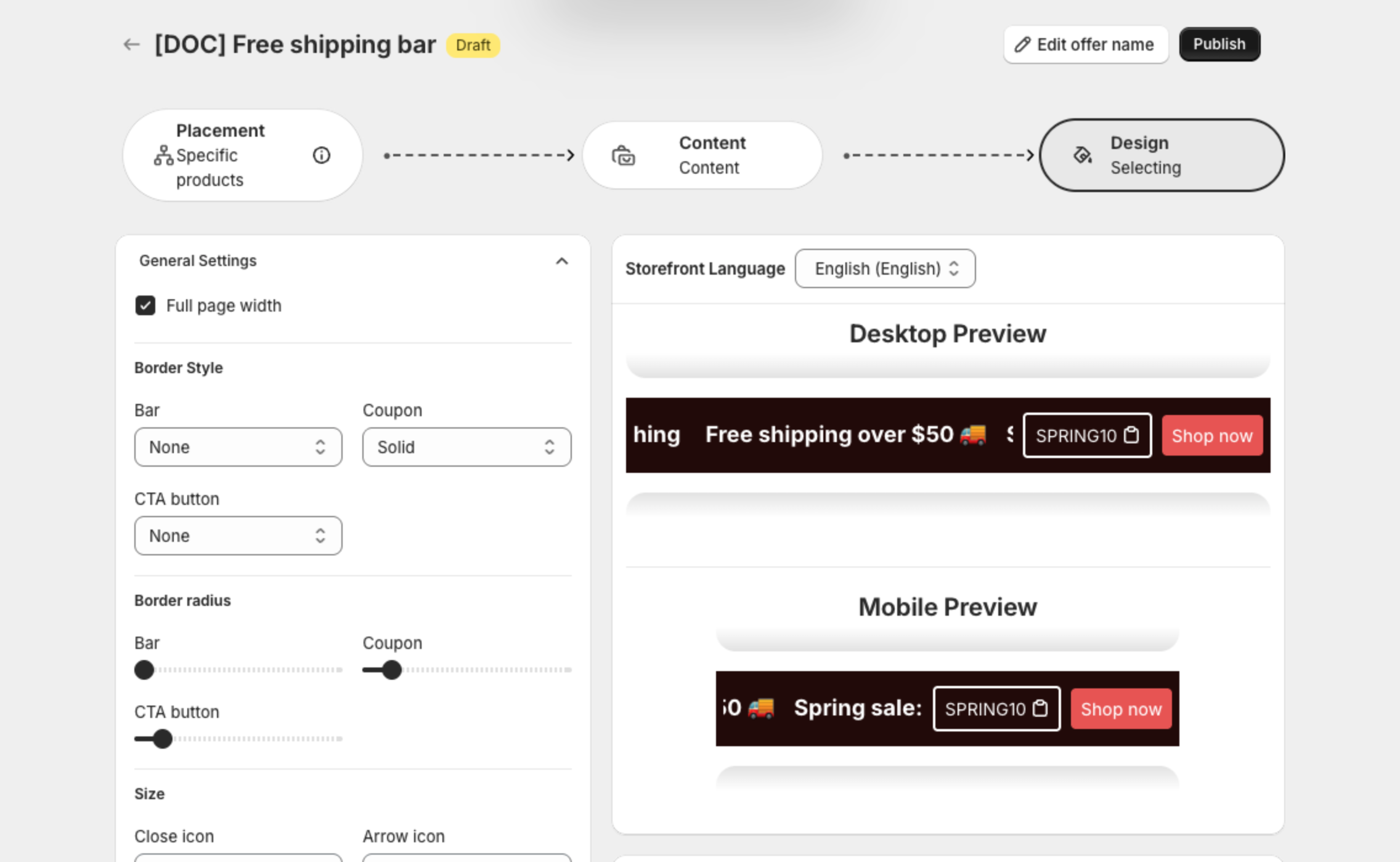 Design step with General Settings, Text Size and Background settings