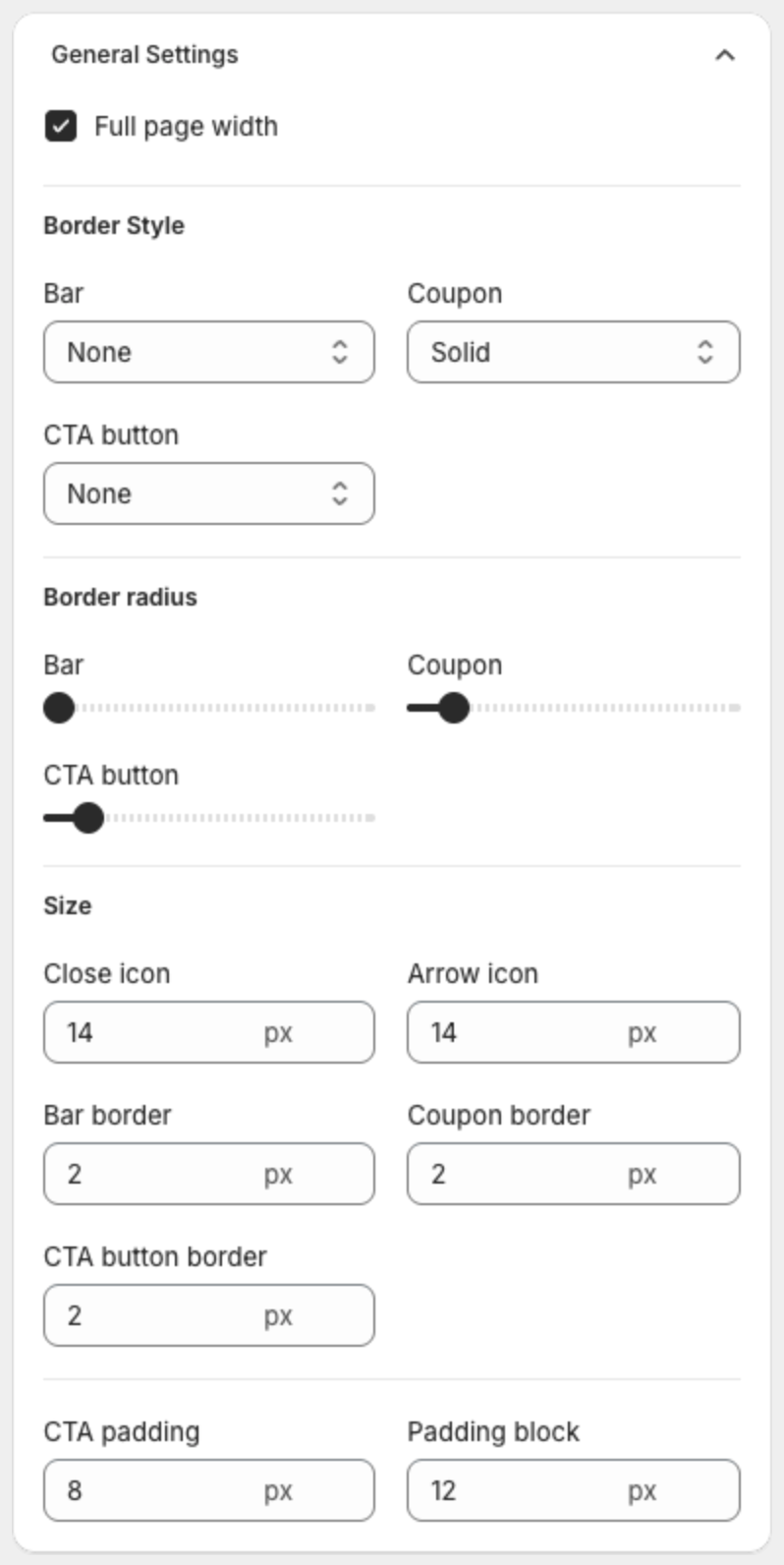 General Settings with Full page width, Border Style, Border radius and Size fields