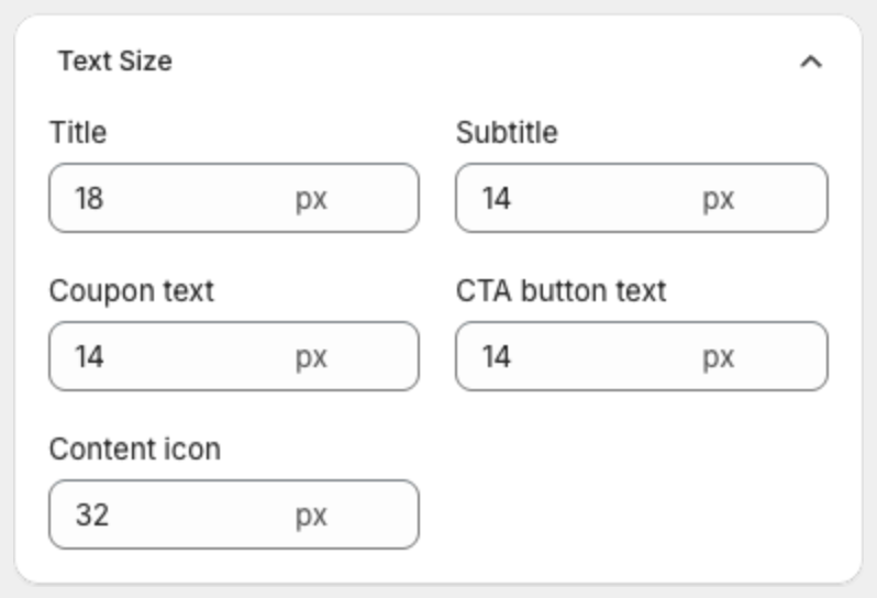 Text Size card with Title, Subtitle, Coupon text, CTA button text and Content icon sizes