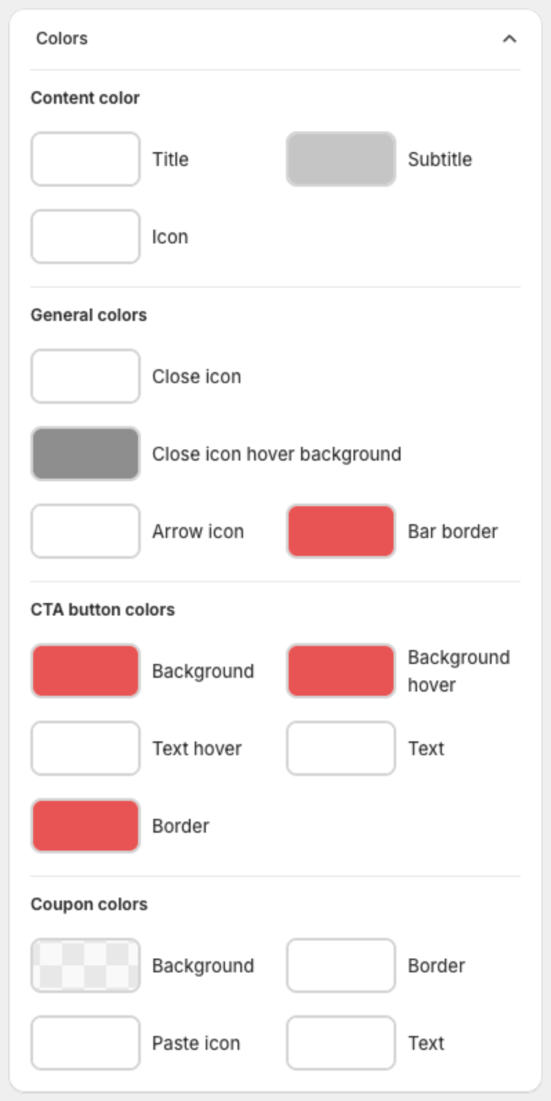 Colors card with content, general, CTA button and coupon colors