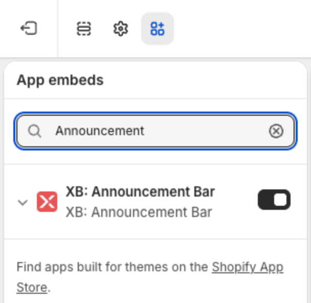 Theme editor App embeds panel with the XB: Announcement Bar embed turned on