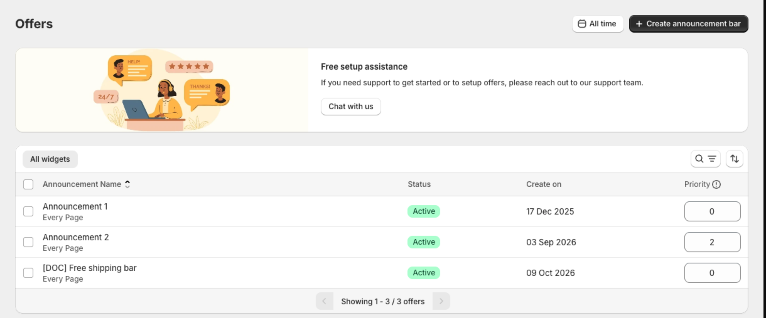 Announcement bars page with the list of bars, their status, creation date and priority