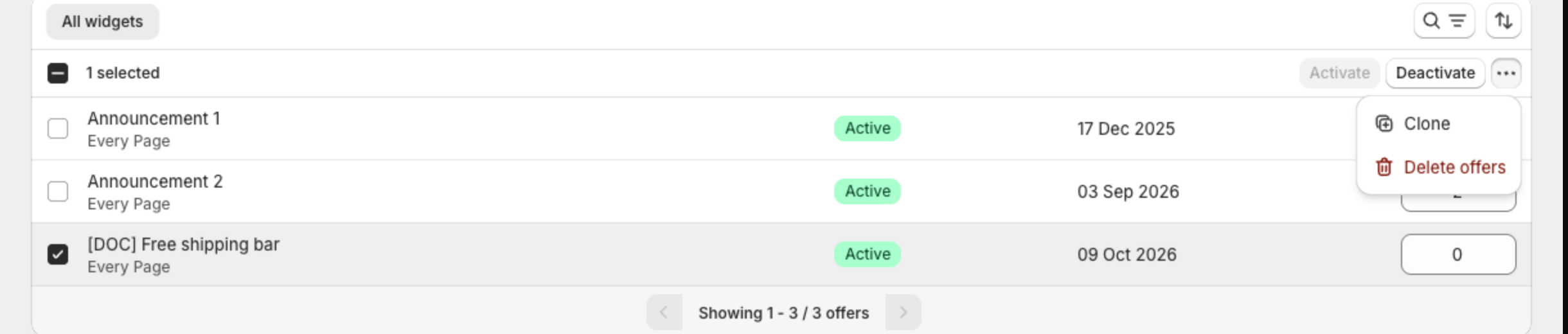 One bar selected with the Activate, Deactivate and more actions buttons, and the Clone and Delete offers menu