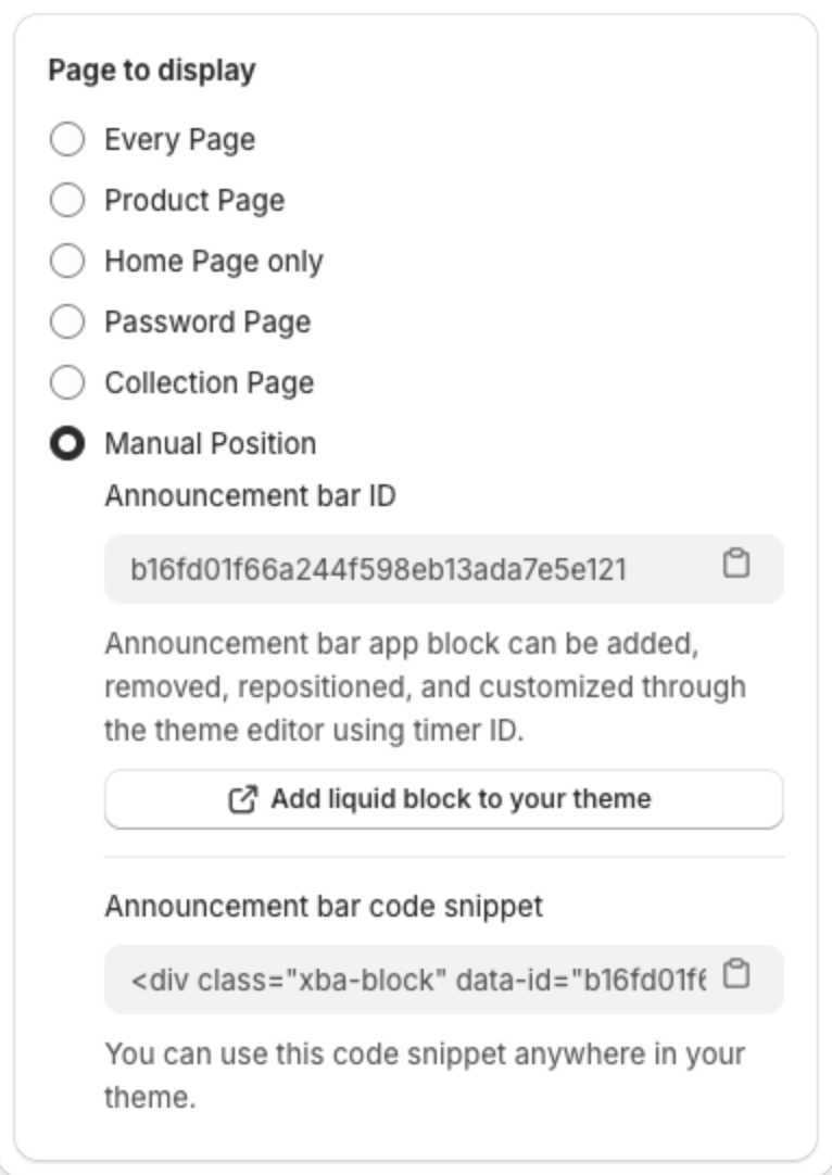 Manual Position selected with the Announcement bar ID, the Add liquid block to your theme button and the code snippet