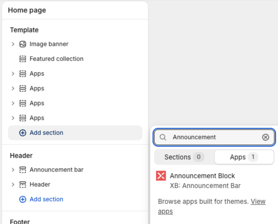 Theme editor Add section panel, Apps tab, with Announcement Block from XB: Announcement Bar