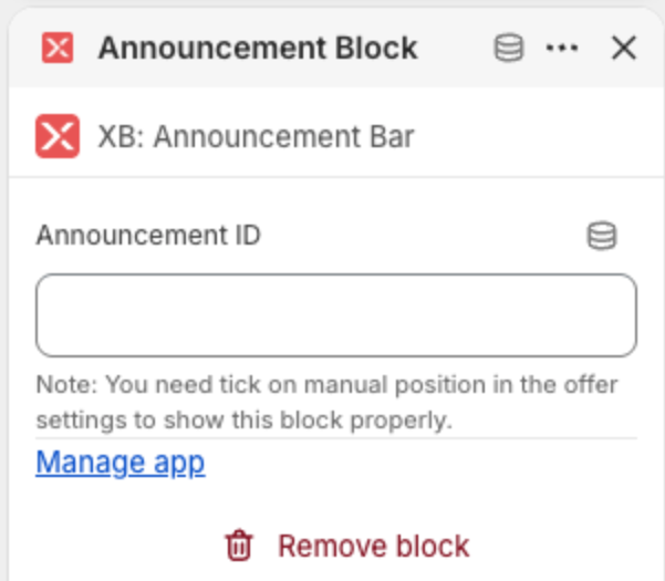 Announcement Block settings with the Announcement ID field