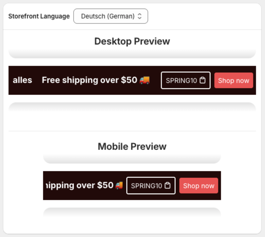Storefront Language set to Deutsch (German) above the desktop and mobile previews