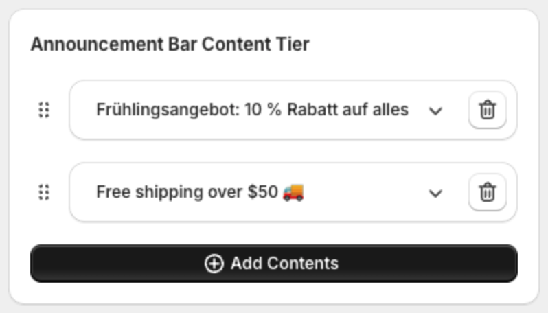 Content Tier with the first message translated to German and the second message still in English