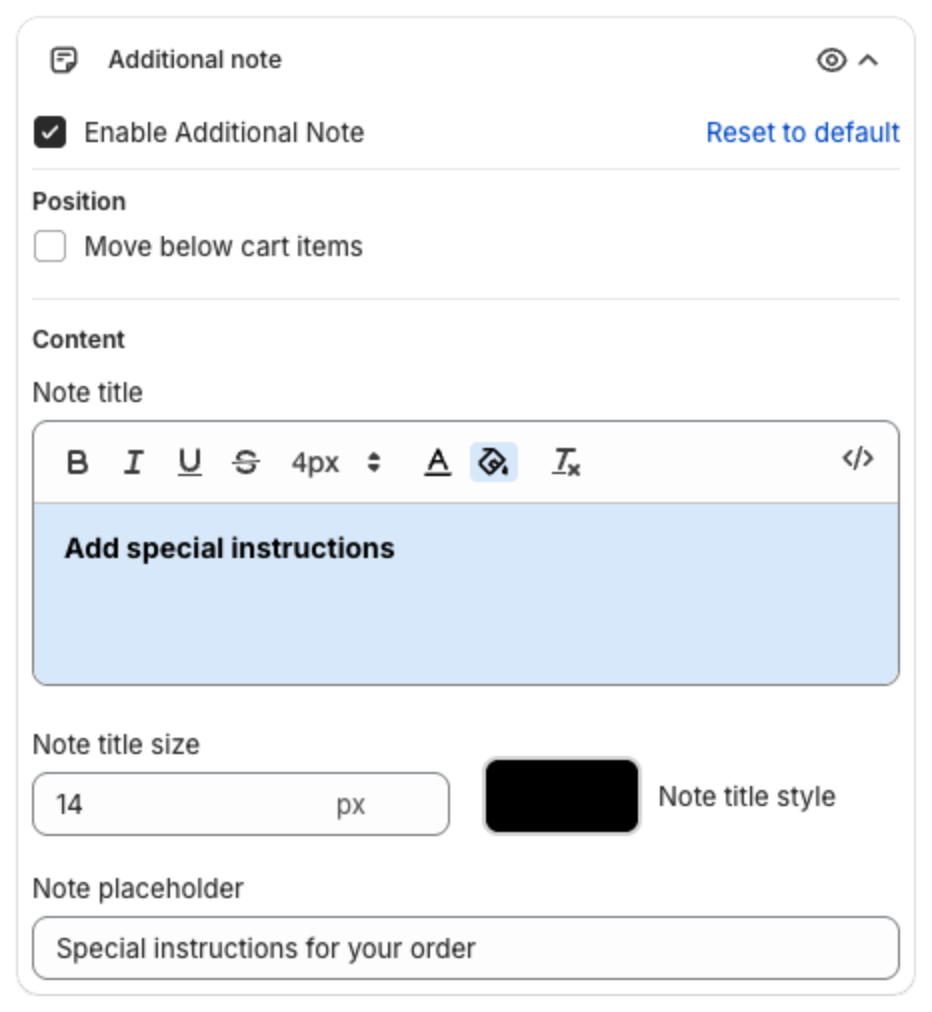 Additional note settings with Enable Additional Note, Position, Note title and Note placeholder