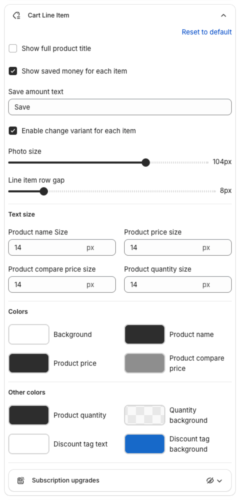 Cart Line Item settings with display options, Photo size, Line item row gap, Text size and Colors