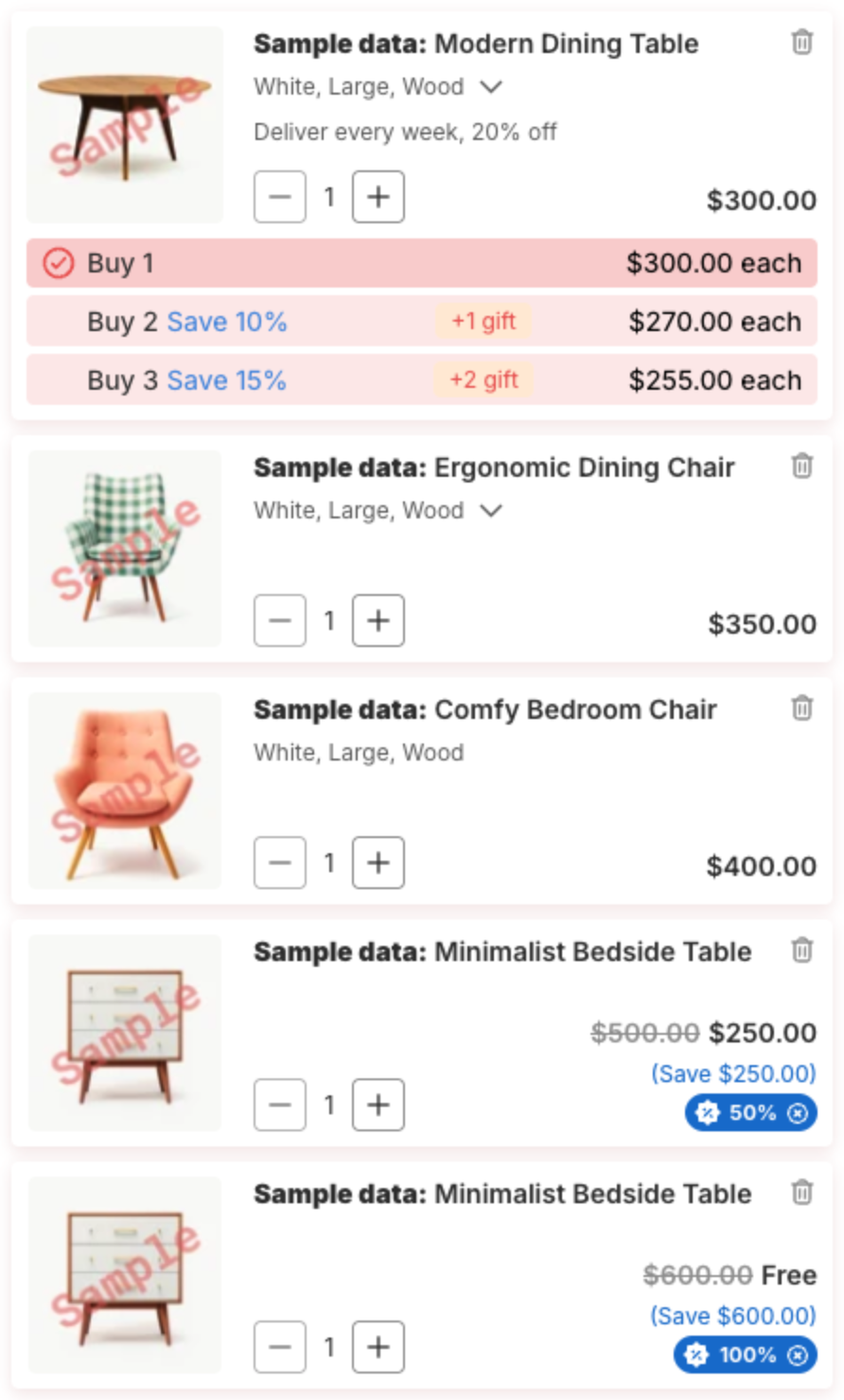 Cart items in the preview with photo, title, variant, quantity buttons, price and discount tags