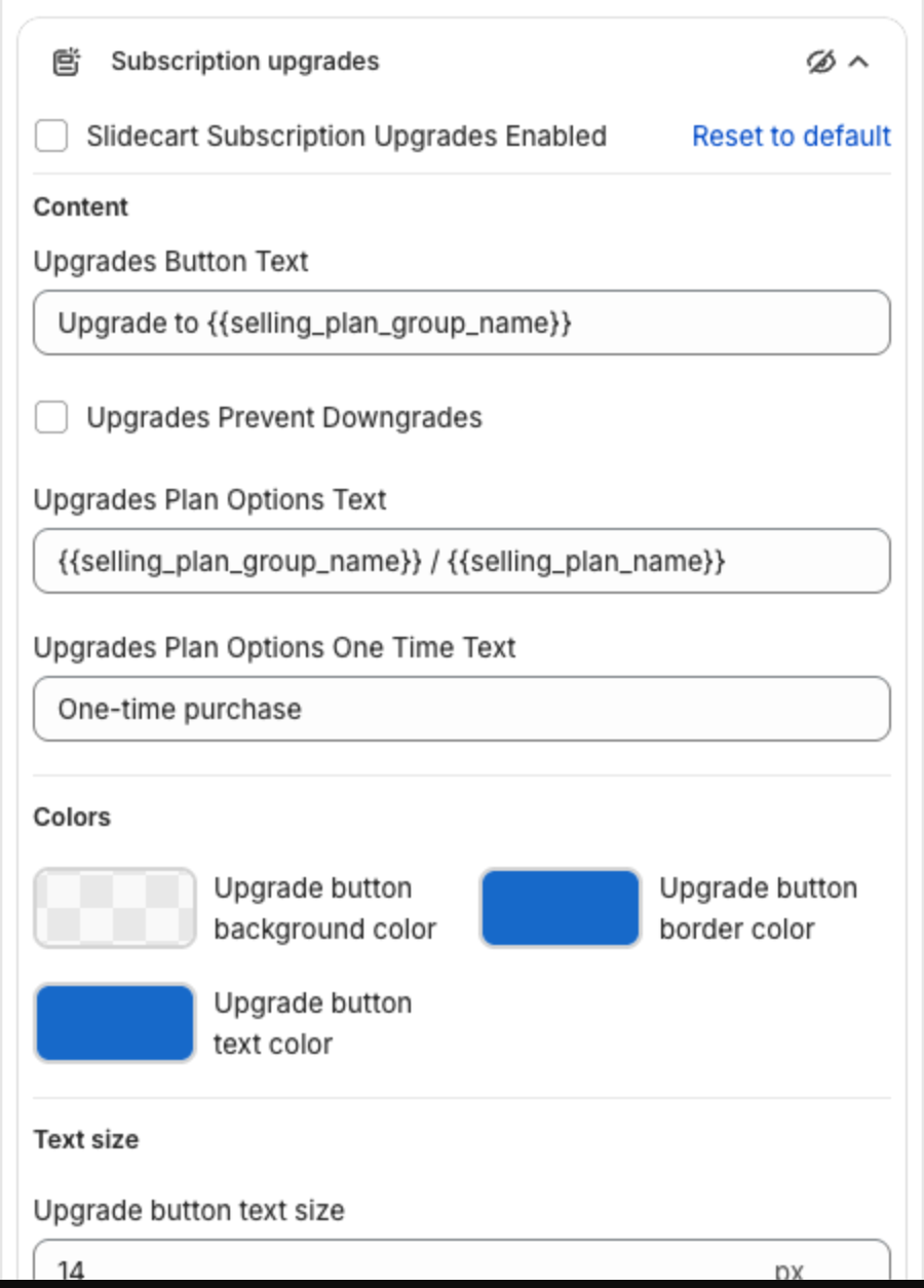 Subscription upgrades settings with the enable option, button text, plan option texts, colors and text size