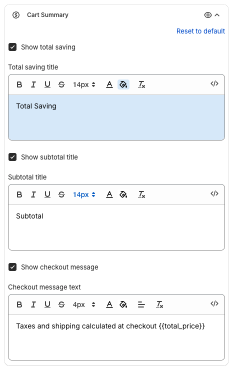 Cart Summary settings with Show total saving, Total saving title, Show subtotal title, Subtotal title, Show checkout message and Checkout message text