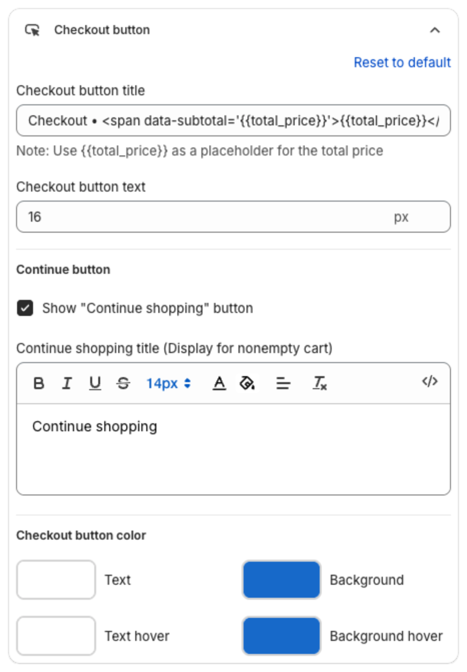 Checkout button settings with Checkout button title, text size, Continue shopping options and button colors