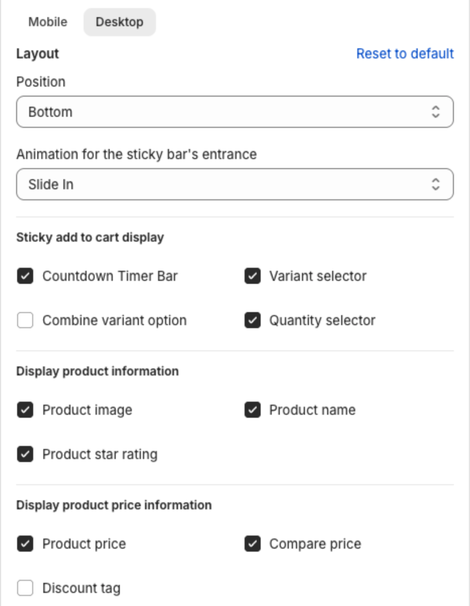 Layout options for each device with the display checkboxes