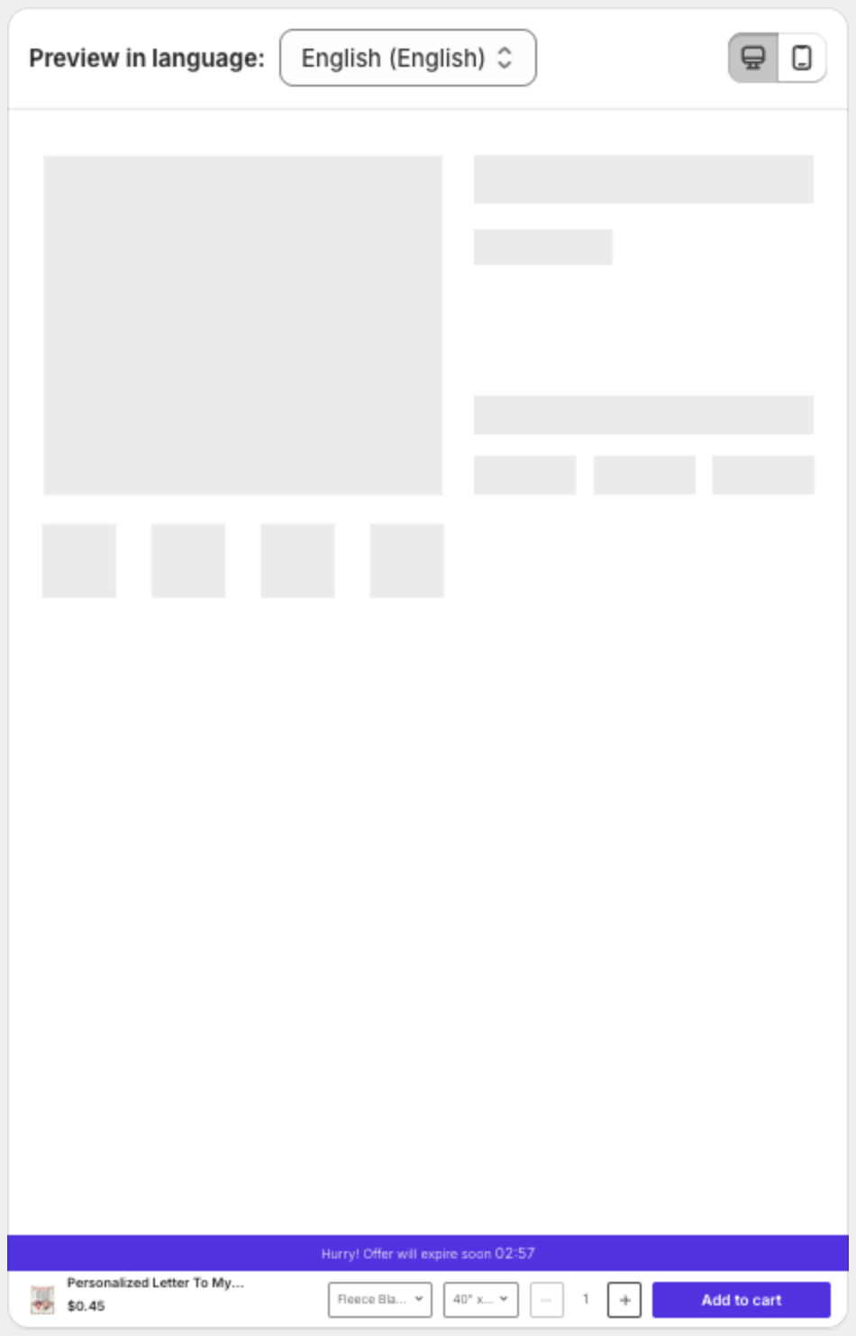 Preview of the sticky add to cart bar with the countdown message, product, variants, quantity and Add to cart button