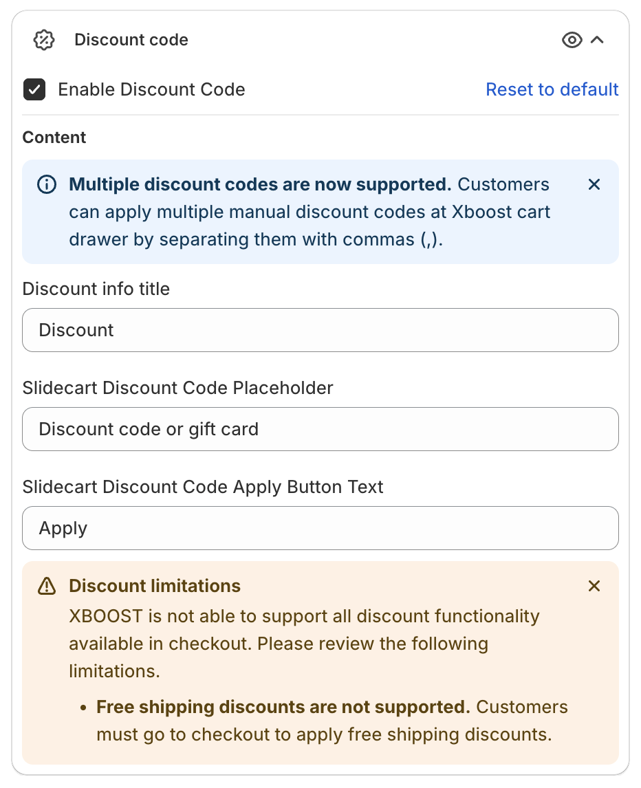 Discount code settings with Enable Discount Code, the multiple codes note, Discount info title, placeholder, apply button text and Discount limitations