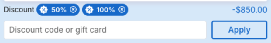 Discount code field in the cart with applied discount tags and the Apply button