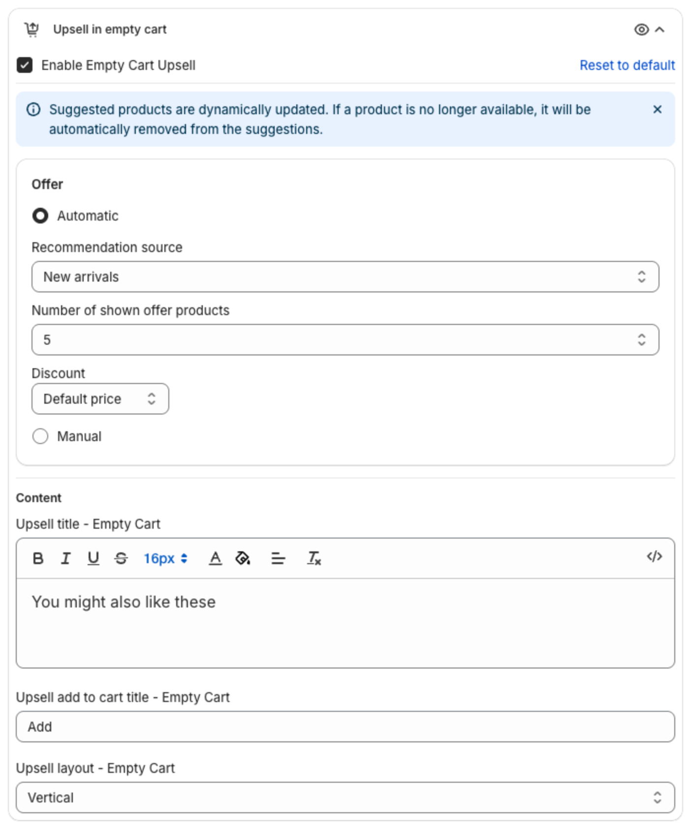 Upsell in empty cart settings with Offer Automatic or Manual, Recommendation source, Number of shown offer products, Discount and Content