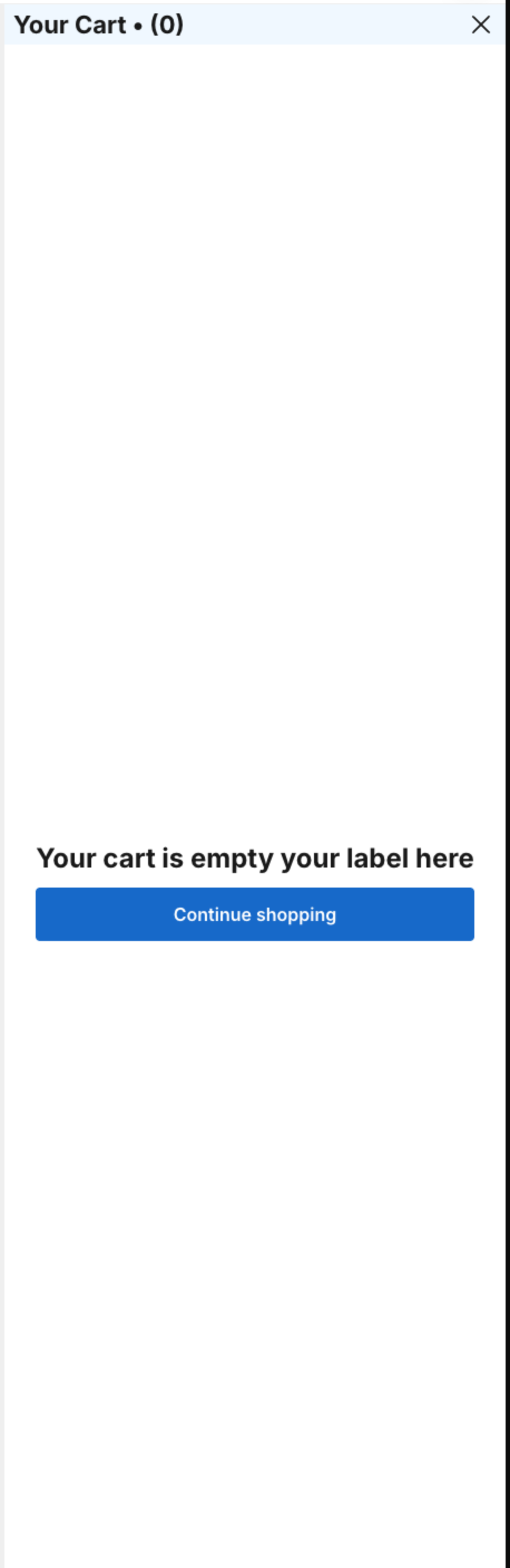 Empty cart drawer in the preview with the message and the Continue shopping button