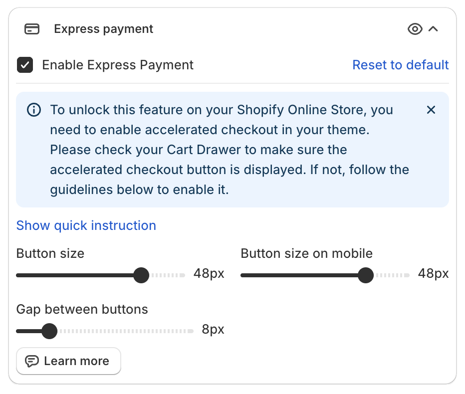 Express payment settings with Enable Express Payment, Show quick instruction, Button size, Button size on mobile and Gap between buttons