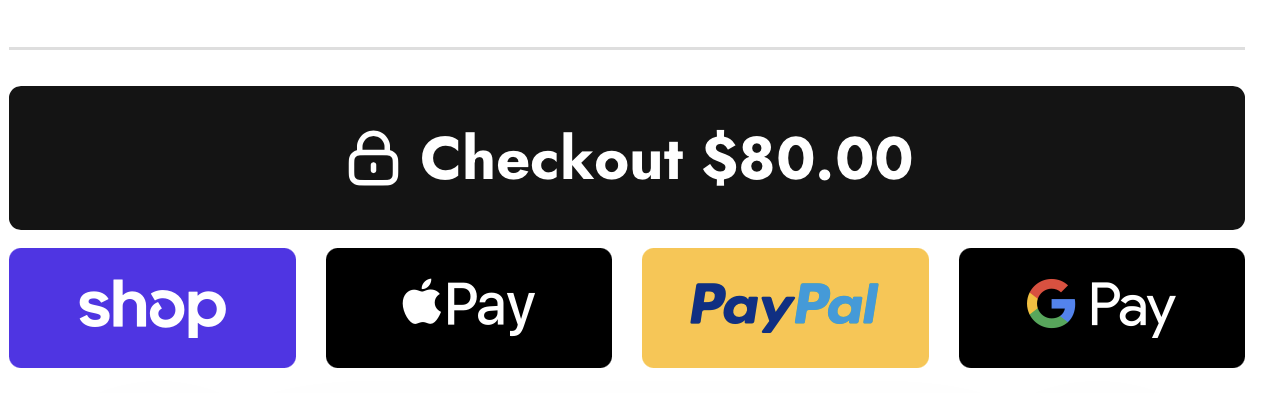 Cart drawer with the Checkout button and the Shop Pay, Apple Pay, PayPal and Google Pay buttons side by side in one row
