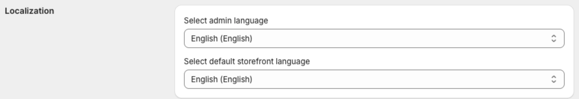 Localization settings with Select admin language and Select default storefront language