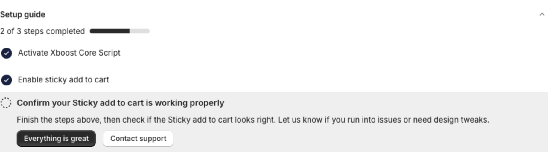 Setup guide with Activate Xboost Core Script and Enable sticky add to cart done