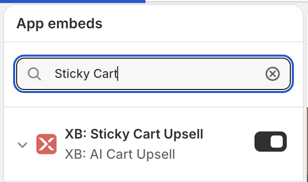 Theme editor App embeds panel with XB: Sticky Cart Upsell turned on