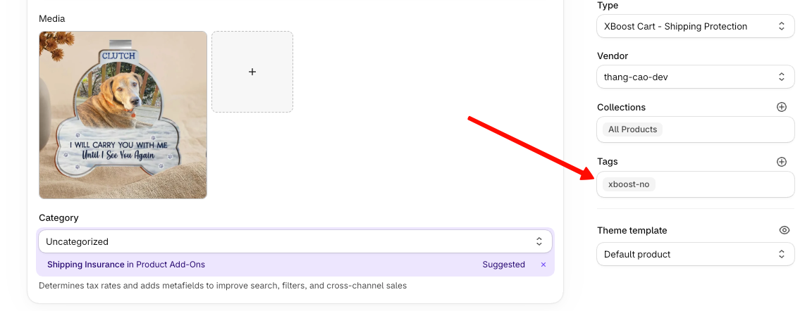 Shopify product page with the tag xboost-no in the Tags field
