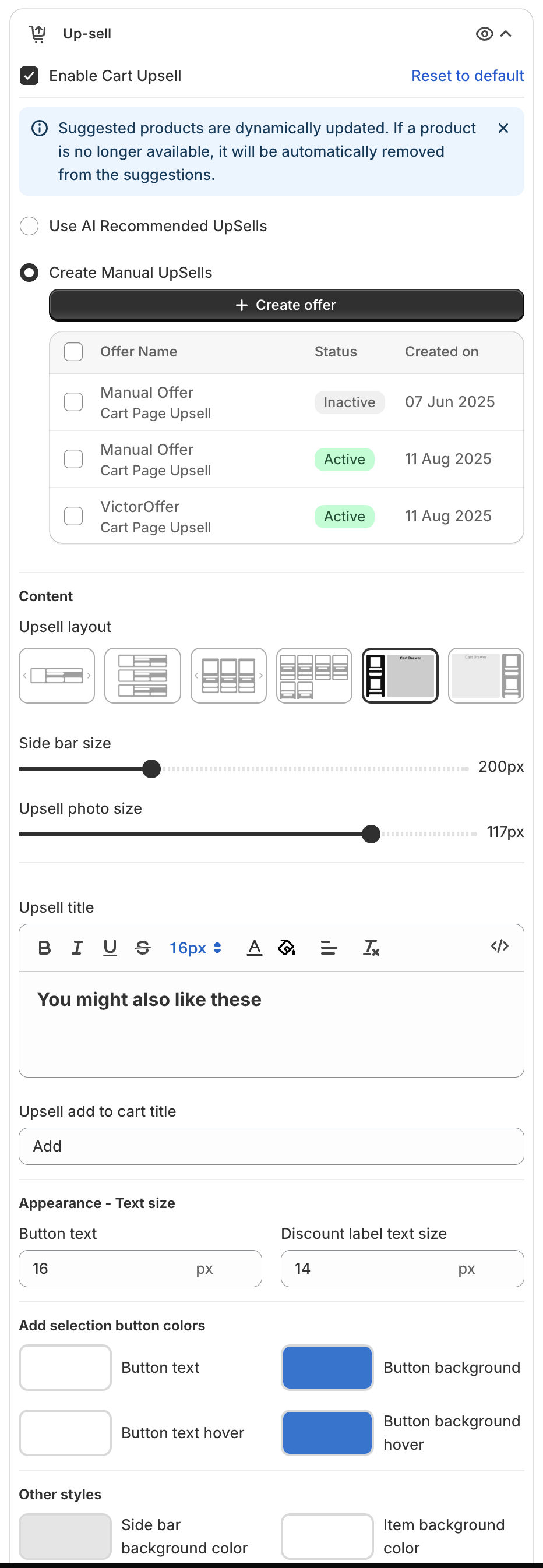 Up-sell settings with Enable Cart Upsell, Use AI Recommended UpSells, Create Manual UpSells with the offer list, Content and Appearance settings