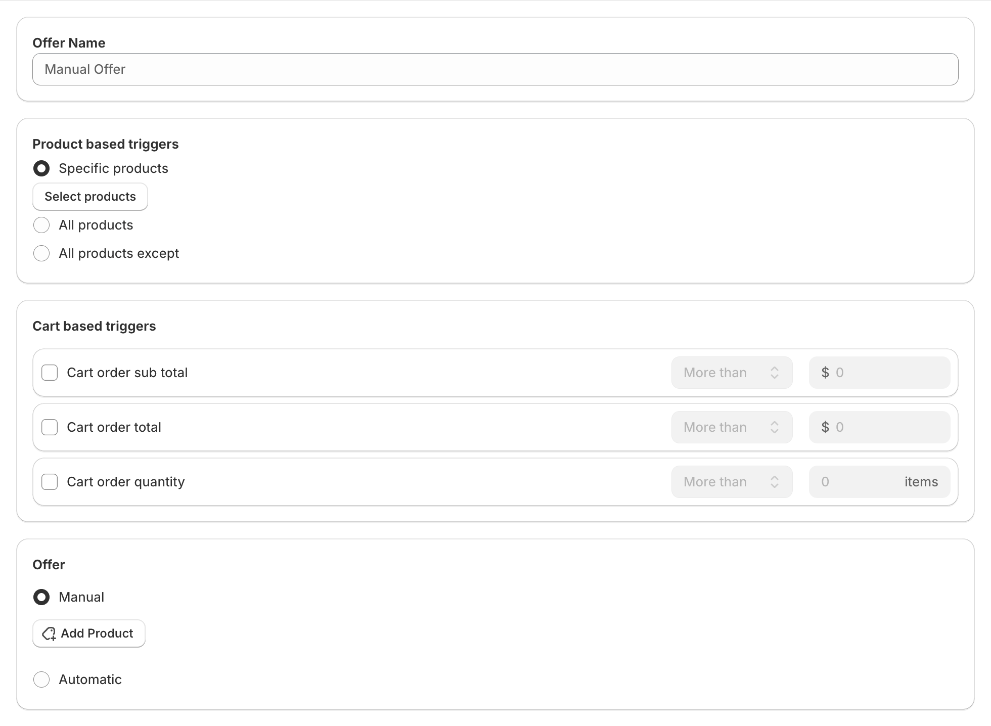 Cart Page Upsell offer form with Offer Name, Product based triggers, Cart based triggers and Offer