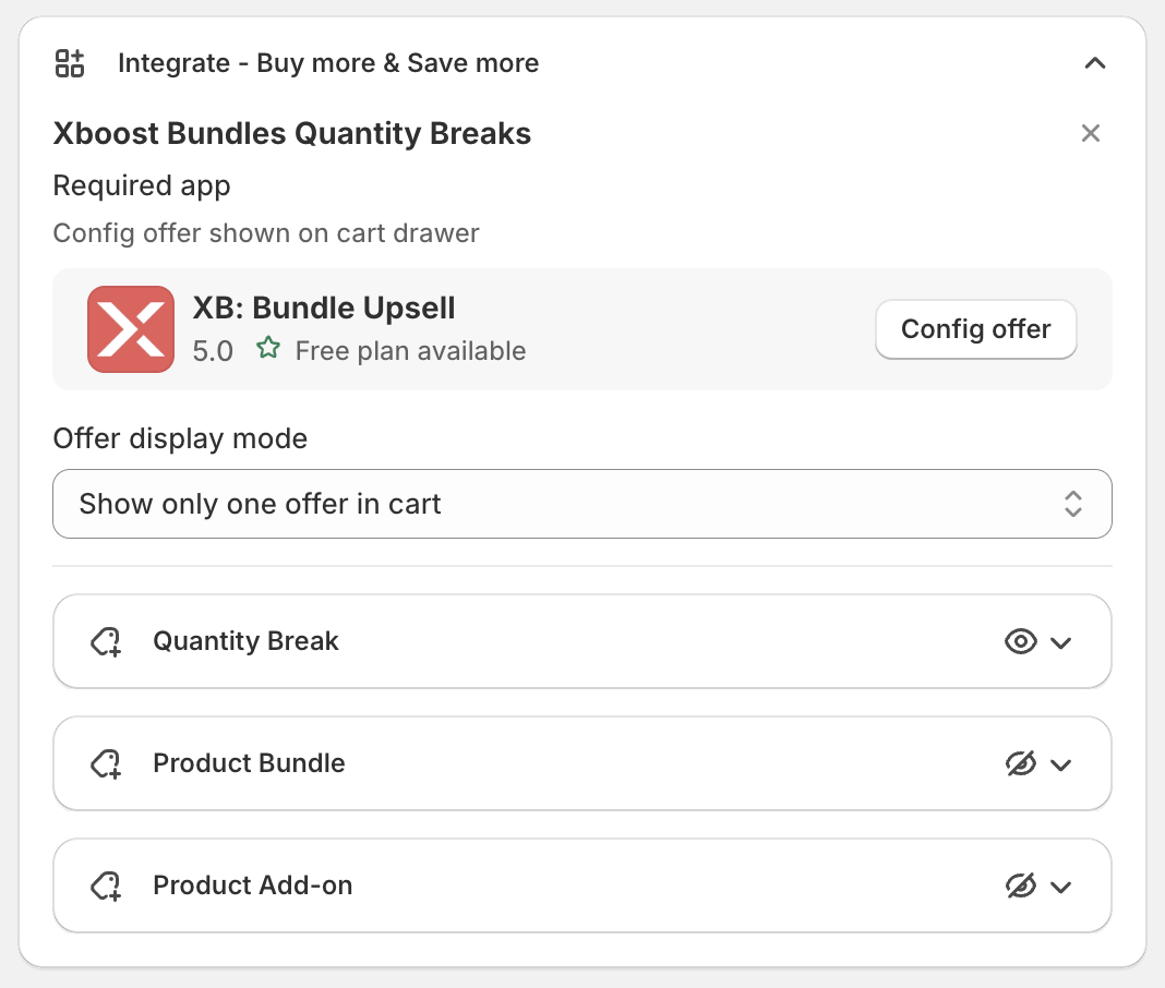 Integrate - Buy more & Save more with the required app, Offer display mode and the Quantity Break, Product Bundle and Product Add-on items