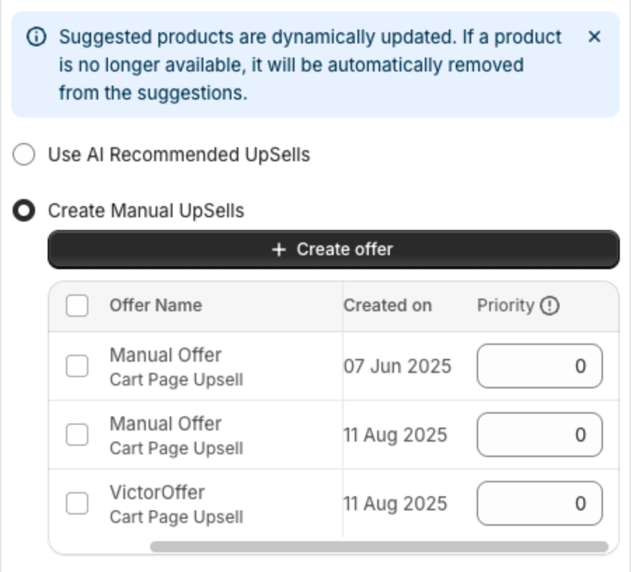Create Manual UpSells offer list with Offer Name, Created on and Priority columns, each priority set to 0