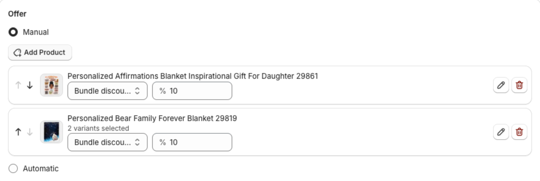 Offer section with two products, the second showing 2 variants selected