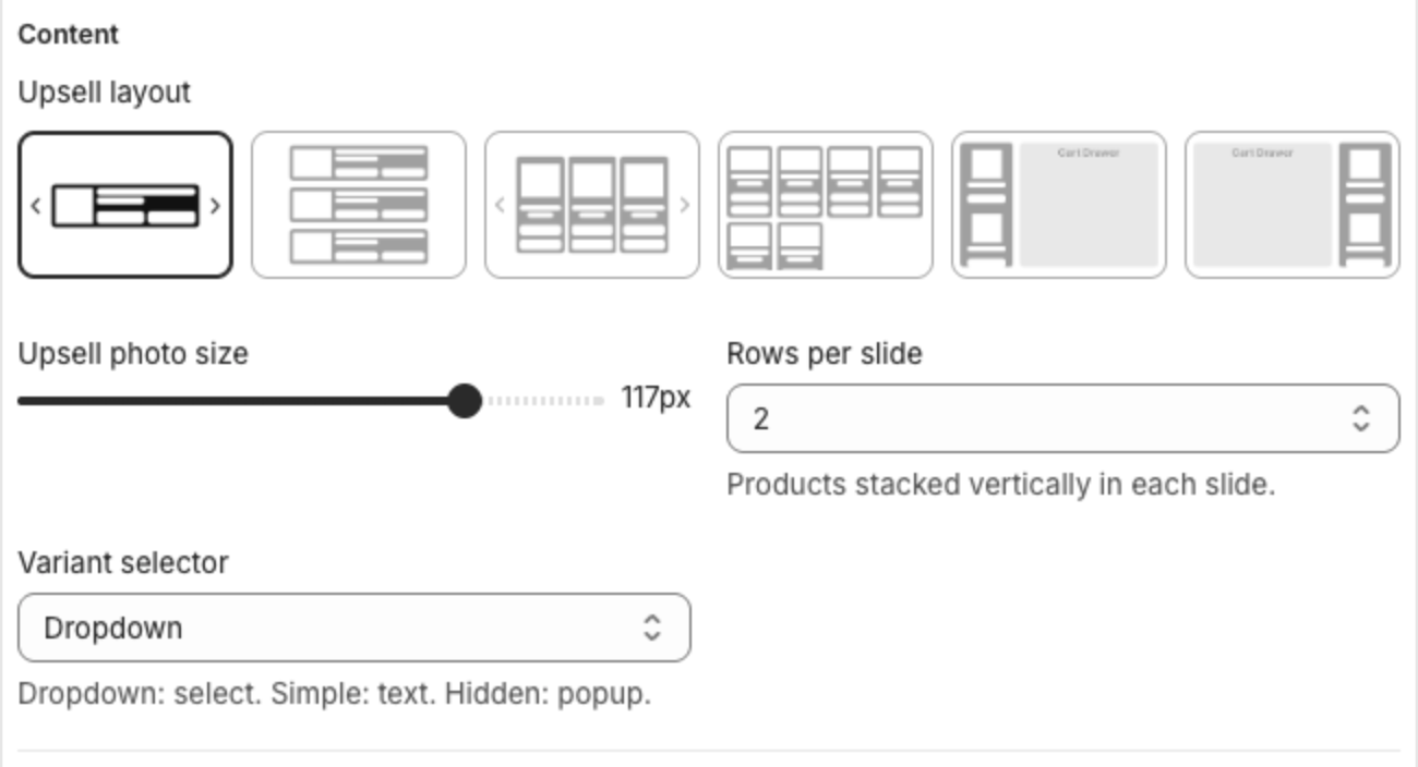 Content settings with the first upsell layout selected, Upsell photo size, Rows per slide 2 and Variant selector