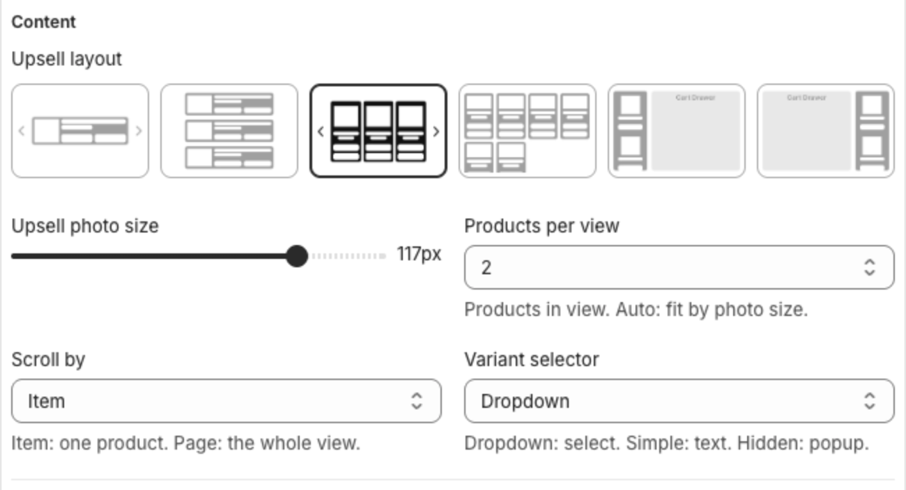 Content settings with the third upsell layout selected, Products per view 2, Scroll by Item and Variant selector Dropdown