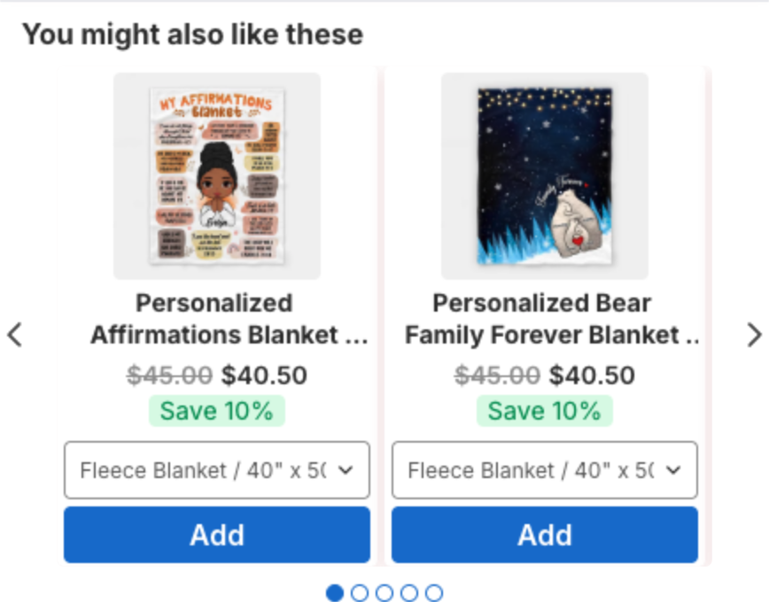 Cart upsell carousel with two products, each with a boxed variant drop-down list and an Add button