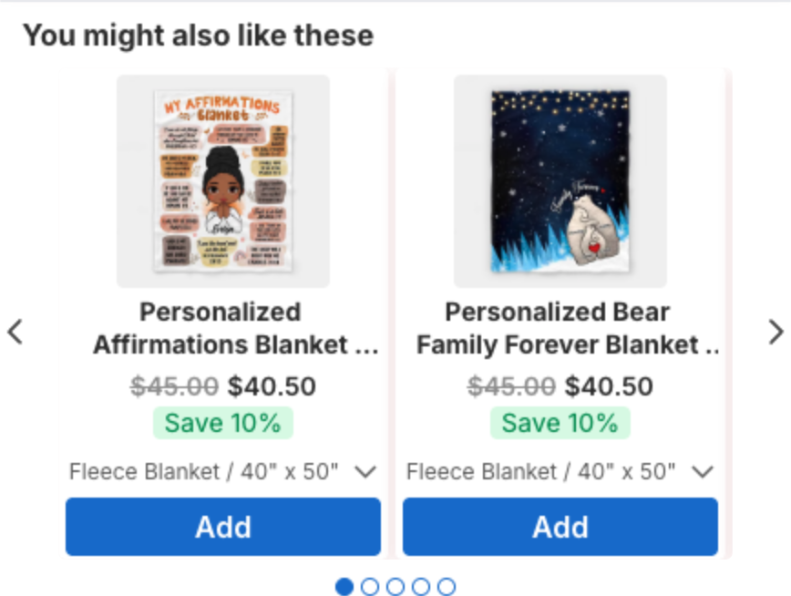 Cart upsell carousel with the variant shown as plain text with an arrow above each Add button