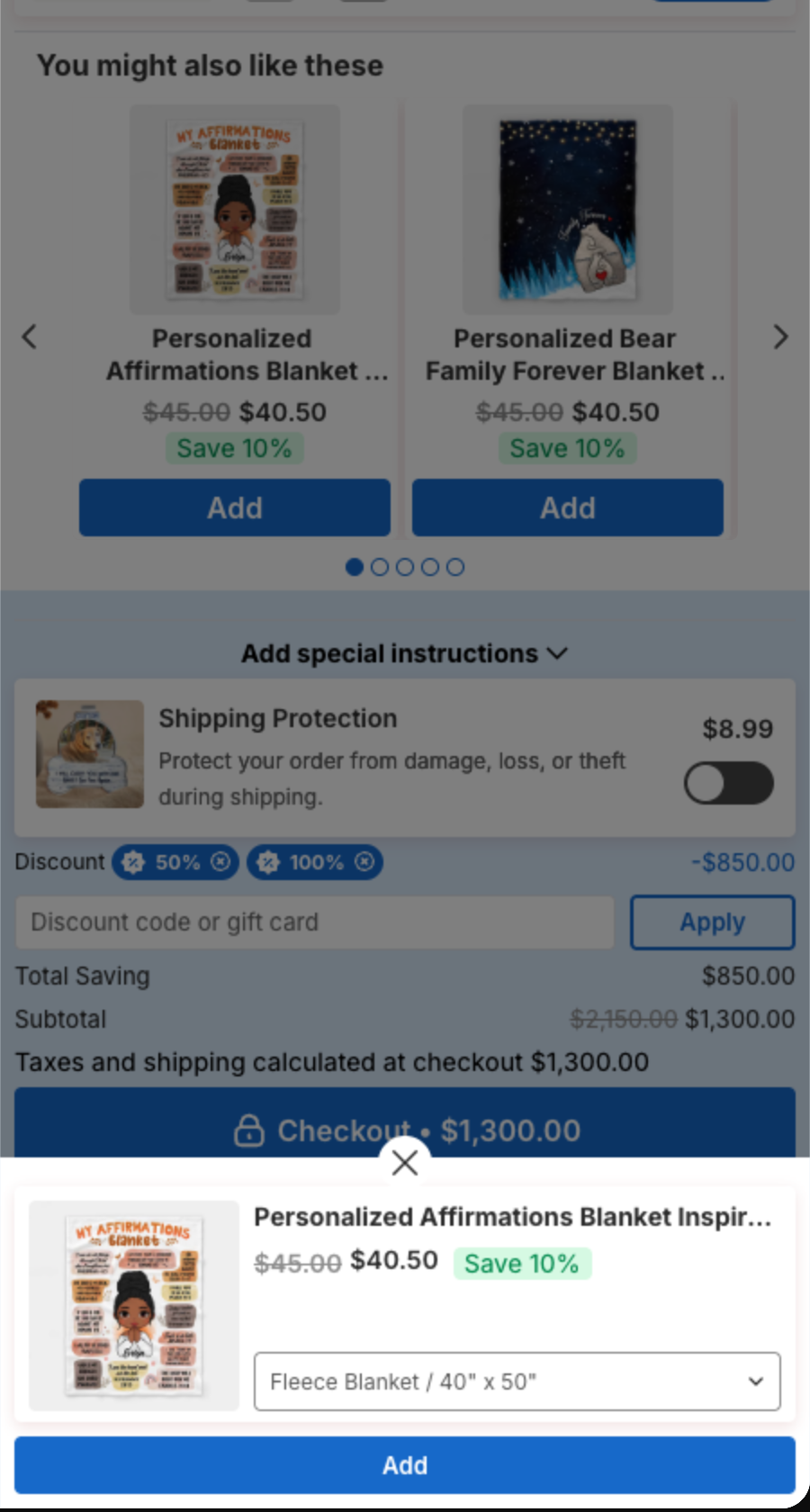 Cart upsell products without a variant selector, and a popup at the bottom of the cart drawer with the product, its variant drop-down list and an Add button